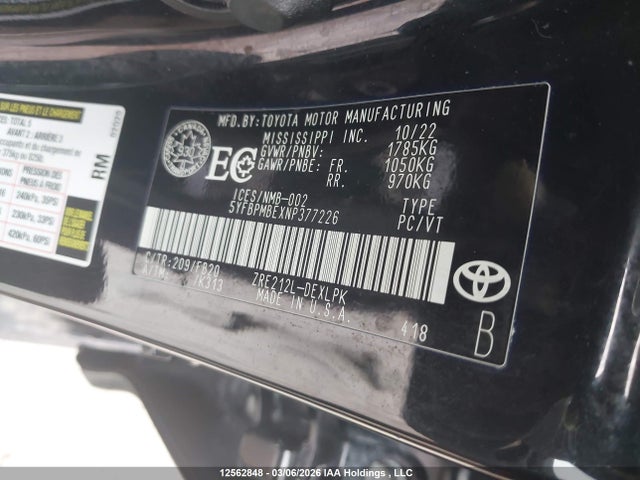 Aukcja sprzedaży 2022 Toyota Corolla Le, vin: 5YFBPMBEXNP377226, numer aukcji: 12562848