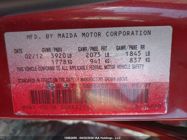 Aukcja sprzedaży 2012 Mazda Mazda3 Gs-sky, vin: JM1BL1L71C1616402, numer aukcji: 12562850