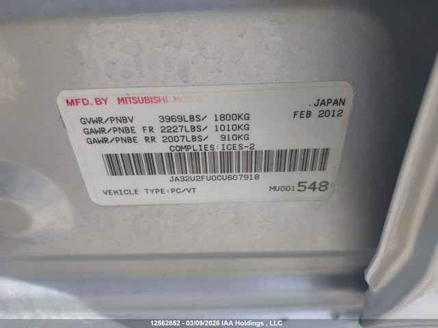 Aukcja sprzedaży 2012 Mitsubishi Lancer Se, vin: JA32U2FU0CU607918, numer aukcji: 12562852