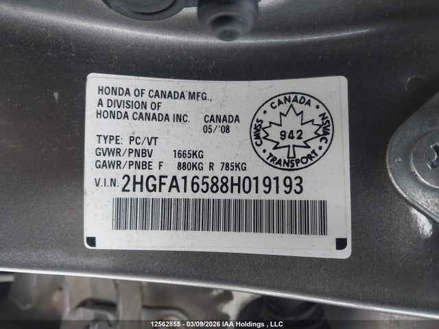 Продаж на аукціоні авто 2008 Honda Civic Lx, vin: 2HGFA16588H019193, номер лоту: 12562855