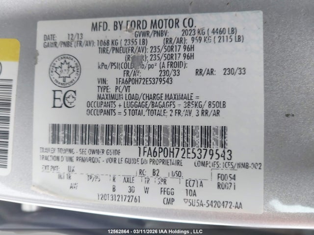 2014 Ford Fusion მანქანა იყიდება აუქციონზე, vin: 1FA6P0H72E5379543, აუქციონის ნომერი: 12562864