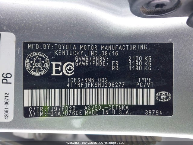 2017 Toyota Camry Le მანქანა იყიდება აუქციონზე, vin: 4T1BF1FK9HU298277, აუქციონის ნომერი: 12562865