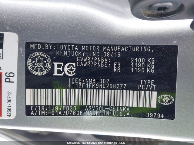 2017 Toyota Camry Le მანქანა იყიდება აუქციონზე, vin: 4T1BF1FK9HU298277, აუქციონის ნომერი: 12562865
