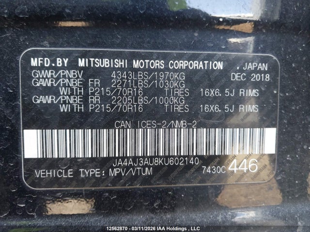 Aukcja sprzedaży 2019 Mitsubishi Rvr Se/se Black Edition/se Limited Edition, vin: JA4AJ3AU8KU602140, numer aukcji: 12562870