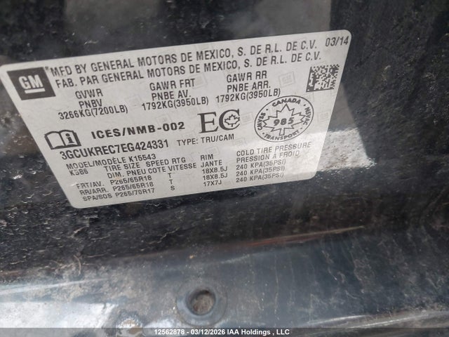 12562878 :رقم المزاد ، 3GCUKREC7EG424331 vin ، 2014 Chevrolet Silverado 1500 1lt/2lt مزاد بيع