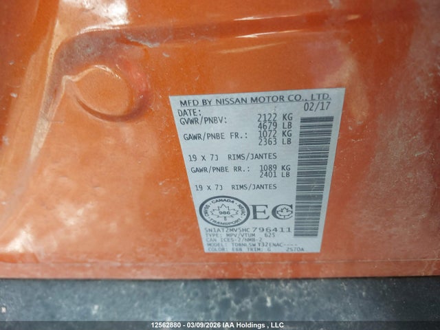 12562880 :رقم المزاد ، 5N1AT2MV5HC796411 vin ، 2017 Nissan Rogue مزاد بيع