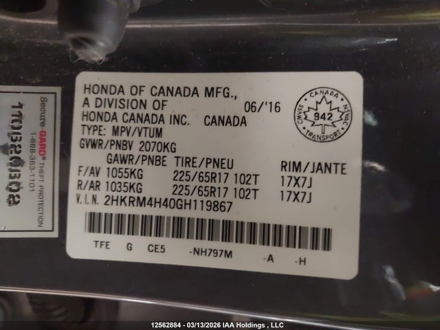 2016 Honda Cr-v Se მანქანა იყიდება აუქციონზე, vin: 2HKRM4H40GH119867, აუქციონის ნომერი: 12562884