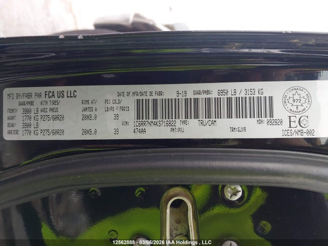 Продаж на аукціоні авто 2019 Ram 1500 Classic Laramie, vin: 1C6RR7NM4KS716822, номер лоту: 12562888