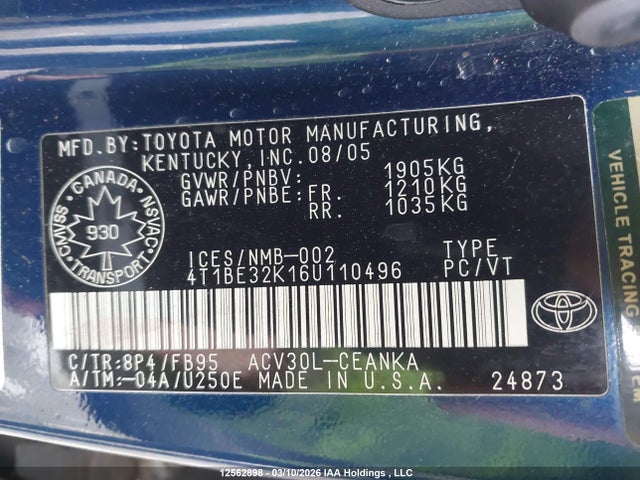 12562898 :رقم المزاد ، 4T1BE32K16U110496 vin ، 2006 Toyota Camry Le/se مزاد بيع