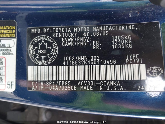 12562898 :رقم المزاد ، 4T1BE32K16U110496 vin ، 2006 Toyota Camry Le/se مزاد بيع
