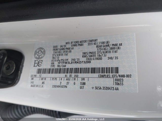 2024 Ford F-150 Xlt მანქანა იყიდება აუქციონზე, vin: 1FTFW3L81RKD73299, აუქციონის ნომერი: 12562901