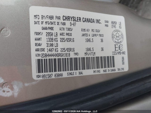 12562902 :رقم المزاد ، 2D8HN44HX8R601818 vin ، 2008 Dodge Grand Caravan Se مزاد بيع
