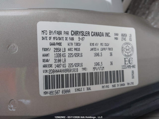 12562902 :رقم المزاد ، 2D8HN44HX8R601818 vin ، 2008 Dodge Grand Caravan Se مزاد بيع