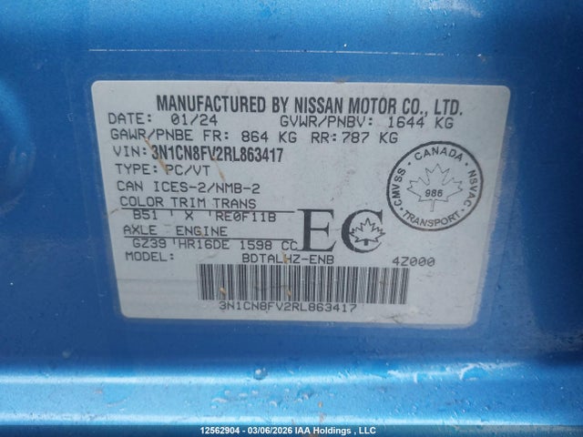 Auction sale of the 2024 Nissan Versa Sr, vin: 3N1CN8FV2RL863417, lot number: 12562904