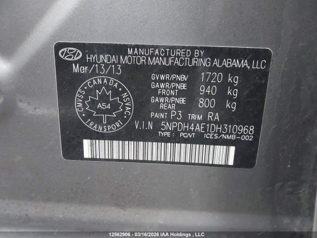 Продаж на аукціоні авто 2013 Hyundai Elantra Gls/limited, vin: 5NPDH4AE1DH310968, номер лоту: 12562906