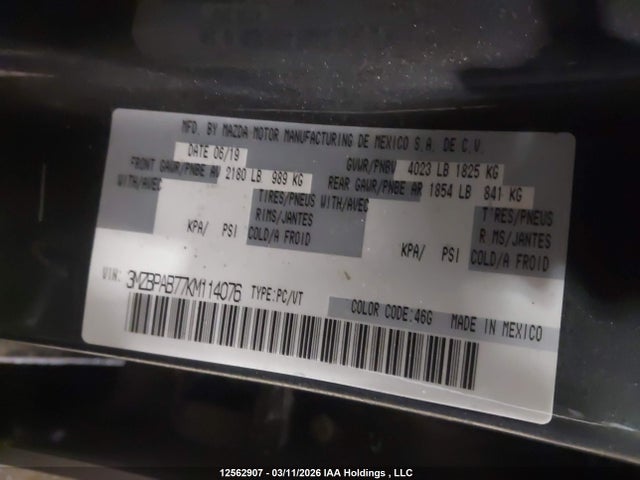 2019 Mazda Mazda3 მანქანა იყიდება აუქციონზე, vin: 3MZBPAB77KM114076, აუქციონის ნომერი: 12562907