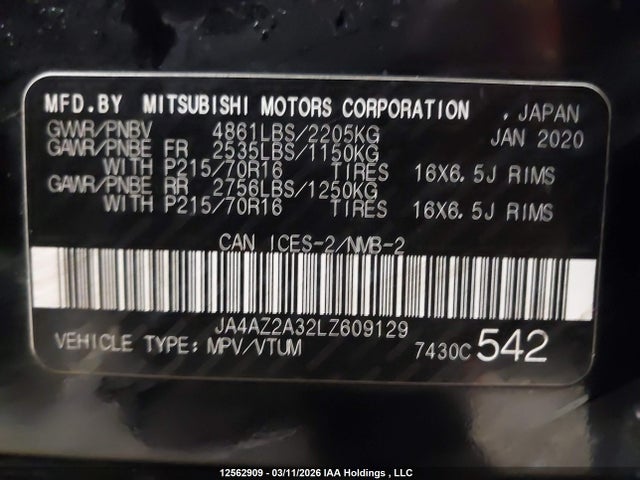 Aukcja sprzedaży 2020 Mitsubishi Outlander, vin: JA4AZ2A32LZ609129, numer aukcji: 12562909