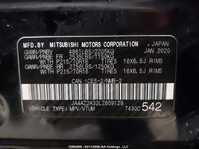 Aukcja sprzedaży 2020 Mitsubishi Outlander, vin: JA4AZ2A32LZ609129, numer aukcji: 12562909
