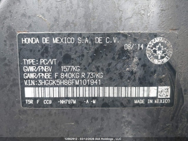 3HGGK5H86FM101941 Honda Fit Ex/ex-l Navi