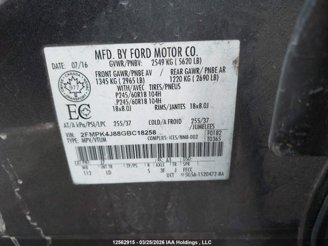 Aukcja sprzedaży 2016 Ford Edge Sel, vin: 2FMPK4J88GBC18258, numer aukcji: 12562915