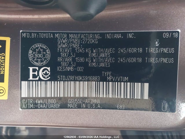 5TDJZRFH0KS916883 Toyota Highlander Se/xle