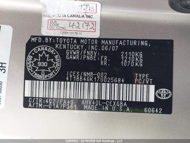 Aukcja sprzedaży 2007 Toyota Camry Hybrid, vin: 4T1BB46K17U025684, numer aukcji: 12562932