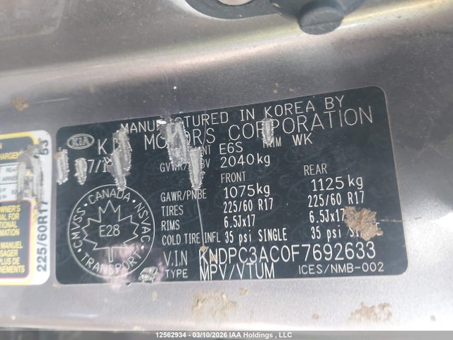 12562934 :رقم المزاد ، KNDPC3AC0F7692633 vin ، 2015 Kia Sportage Ex مزاد بيع