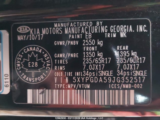 12562938 :رقم المزاد ، 5XYPGDA59JG352517 vin ، 2018 Kia Sorento Lx/l مزاد بيع
