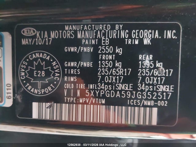 12562938 :رقم المزاد ، 5XYPGDA59JG352517 vin ، 2018 Kia Sorento Lx/l مزاد بيع