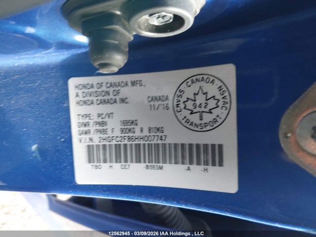2017 Honda Civic Ex მანქანა იყიდება აუქციონზე, vin: 2HGFC2F86HH007747, აუქციონის ნომერი: 12562945