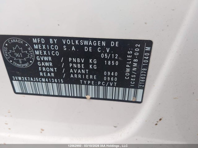 Aukcja sprzedaży 2012 Volkswagen Jetta 2.0l Trendline/2.0l Trendline+, vin: 3VW2K7AJ5CM413615, numer aukcji: 12562950