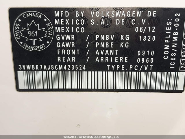Продажа на аукционе авто 2012 Volkswagen Jetta 2.0l Comfortline, vin: 3VWBK7AJ8CM423524, номер лота: 12562951