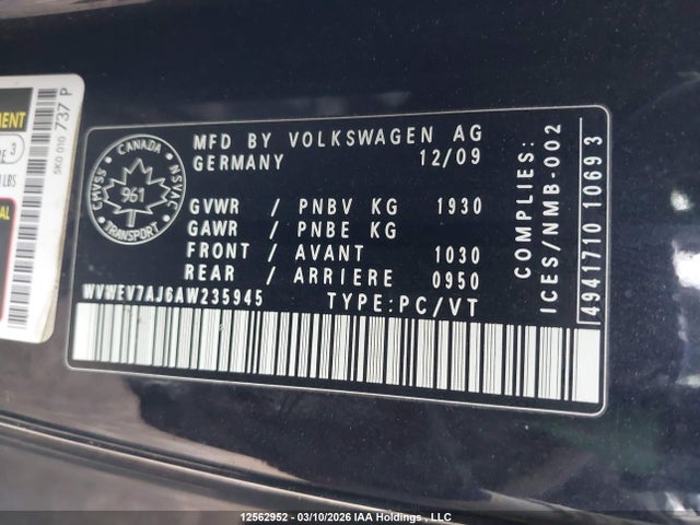 Продажа на аукционе авто 2010 Volkswagen Gti, vin: WVWEV7AJ6AW235945, номер лота: 12562952