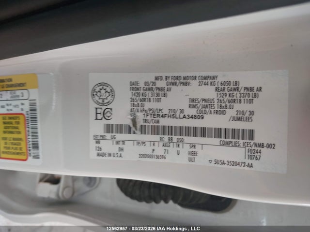 12562957 :رقم المزاد ، 1FTER4FH5LLA34809 vin ، 2020 Ford Ranger Xl/xlt/lariat مزاد بيع