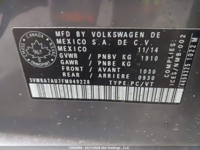 12562959 :رقم المزاد ، 3VWRA7AU7FM049228 vin ، 2015 Volkswagen Golf Tdi مزاد بيع