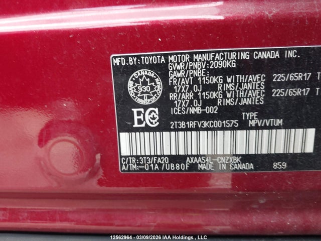 Aukcja sprzedaży 2019 Toyota Rav4 Le, vin: 2T3B1RFV3KC001575, numer aukcji: 12562964