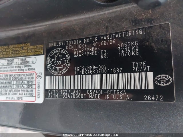 2007 Toyota Camry Le V6/se V6/xle V6 მანქანა იყიდება აუქციონზე, vin: 4T1BK46K37U011687, აუქციონის ნომერი: 12562970