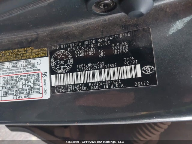 2007 Toyota Camry Le V6/se V6/xle V6 მანქანა იყიდება აუქციონზე, vin: 4T1BK46K37U011687, აუქციონის ნომერი: 12562970