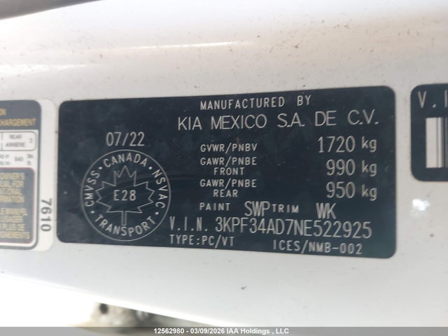 Продажа на аукционе авто 2022 Kia Forte Gt Line, vin: 3KPF34AD7NE522925, номер лота: 12562980