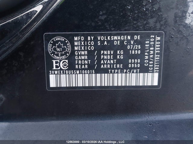 12563000 :رقم المزاد ، 3VWEX7BU5SM106015 vin ، 2025 Volkswagen Jetta Se مزاد بيع