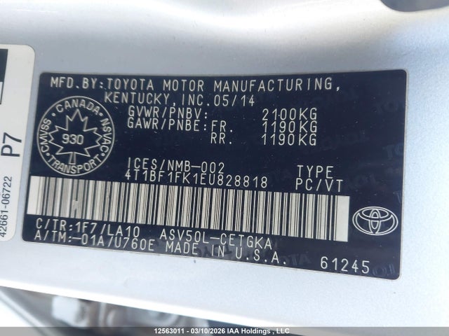 12563011 :رقم المزاد ، 4T1BF1FK1EU828818 vin ، 2014 Toyota Camry L/se/le/xle مزاد بيع
