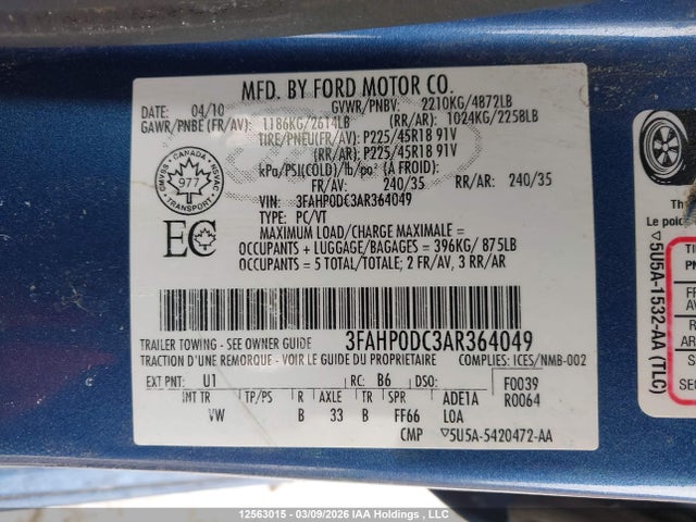 Продаж на аукціоні авто 2010 Ford Fusion Sport, vin: 3FAHP0DC3AR364049, номер лоту: 12563015