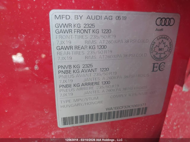 12563018 :رقم المزاد ، WA1EECF32K1069371 vin ، 2019 Audi Q3 Premium Plus S-line مزاد بيع
