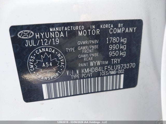 12563019 :رقم المزاد ، KMHD84LF5L4973370 vin ، 2020 Hyundai Elantra Sel/value/limited مزاد بيع