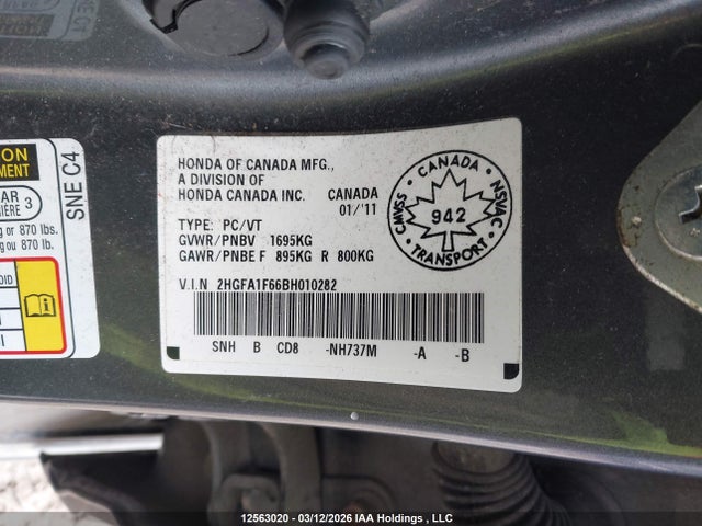 12563020 :رقم المزاد ، 2HGFA1F66BH010282 vin ، 2011 Honda Civic مزاد بيع