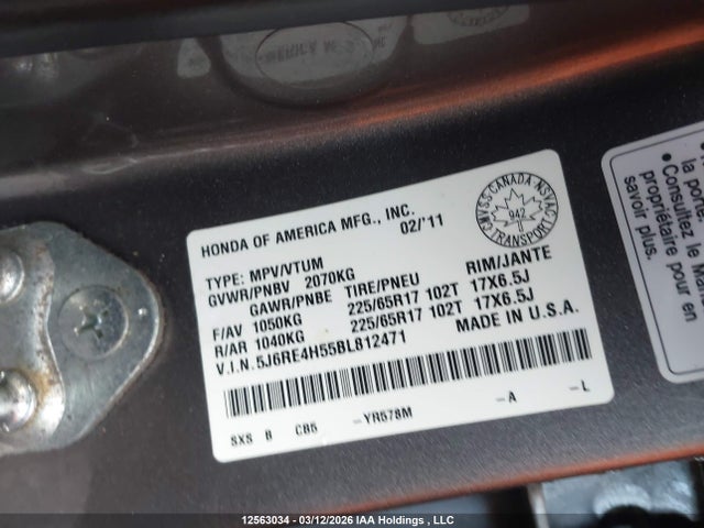 12563034 :رقم المزاد ، 5J6RE4H55BL812471 vin ، 2011 Honda Cr-v Ex مزاد بيع