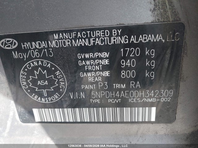 12563036 :رقم المزاد ، 5NPDH4AE0DH342309 vin ، 2013 Hyundai Elantra Gl مزاد بيع