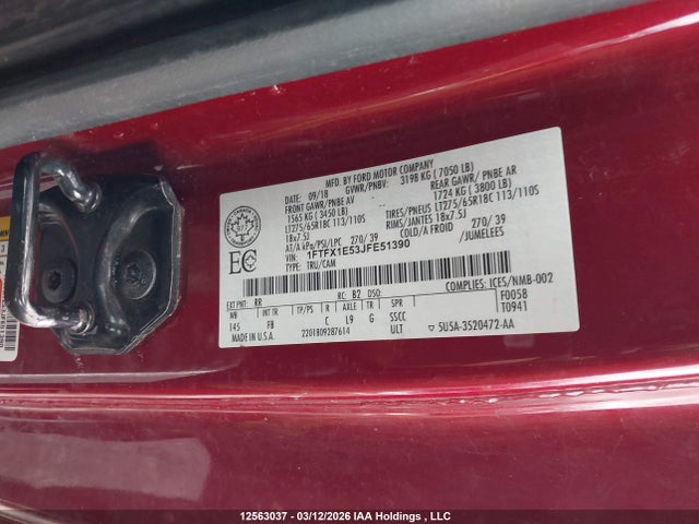 Продажа на аукционе авто 2018 Ford F-150, vin: 1FTFX1E53JFE51390, номер лота: 12563037