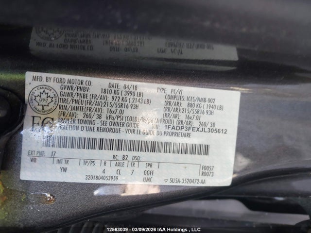 12563039 :رقم المزاد ، 1FADP3FEXJL305612 vin ، 2018 Ford Focus Se مزاد بيع