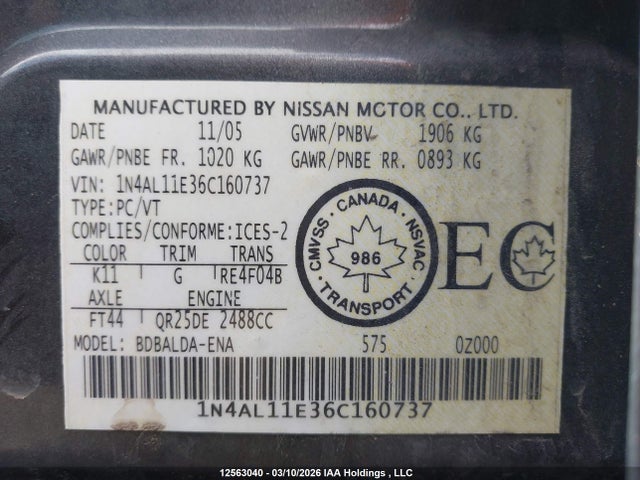 Aukcja sprzedaży 2006 Nissan Altima 2.5 S, vin: 1N4AL11E36C160737, numer aukcji: 12563040